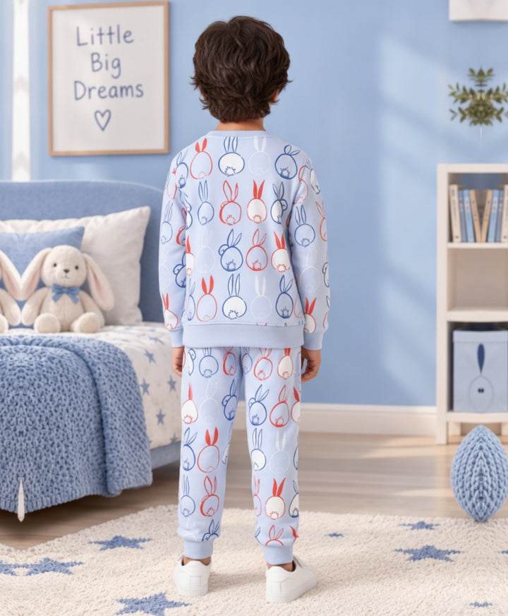 RABBIT PRINT FLEECE SWEATSHIRT JOGGER SET -BLUE