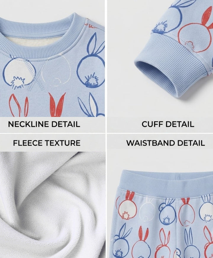 RABBIT PRINT FLEECE SWEATSHIRT JOGGER SET -BLUE