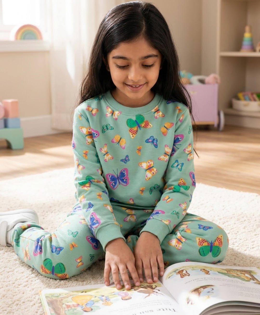 BUTTERFLY FLEECE GIRLS SWEATSHIRT JOGGER SET - GREEN