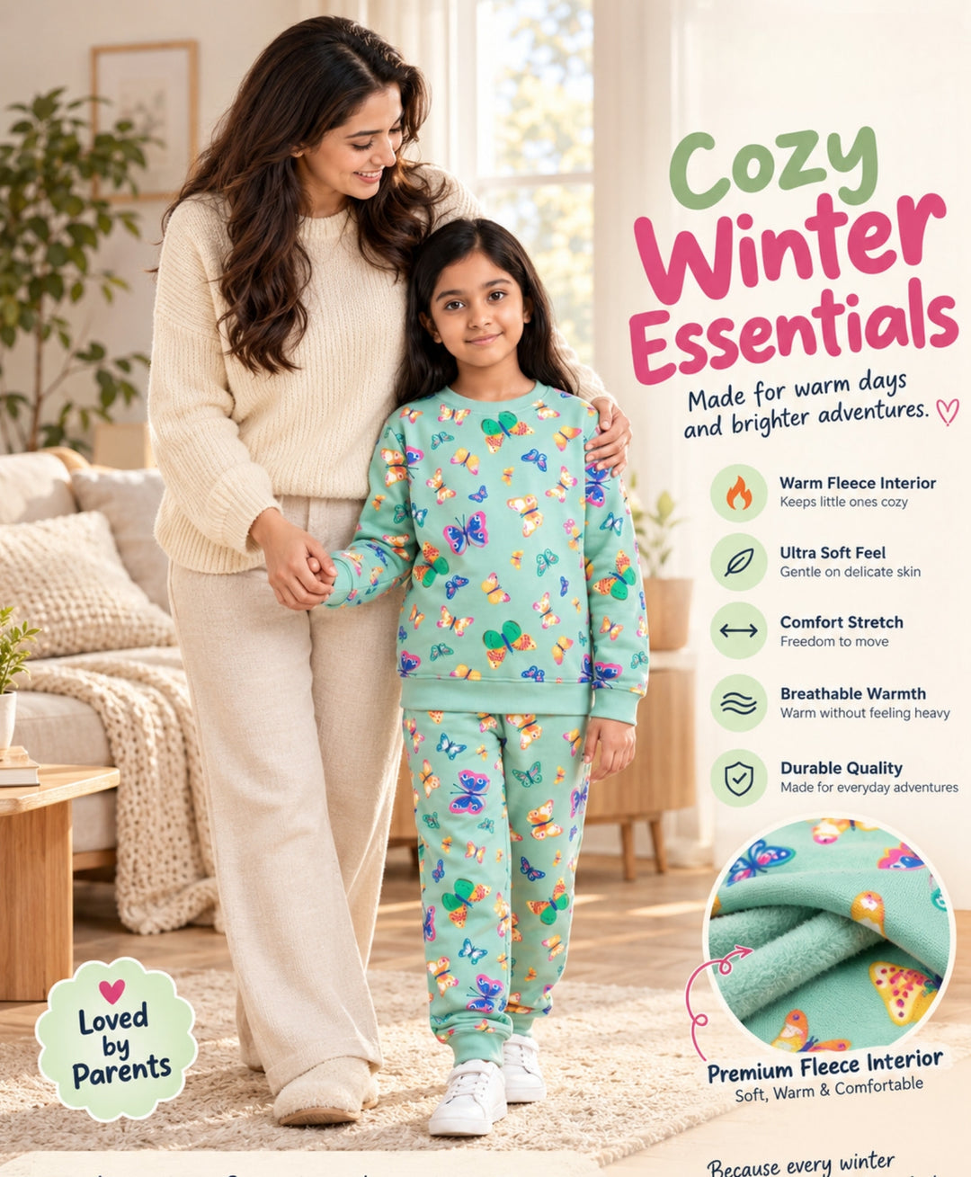 BUTTERFLY FLEECE GIRLS SWEATSHIRT JOGGER SET - GREEN