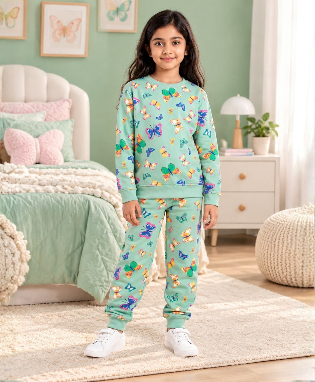 BUTTERFLY FLEECE GIRLS SWEATSHIRT JOGGER SET - GREEN