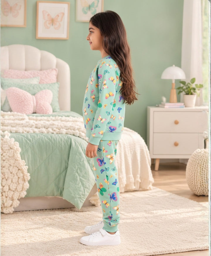 BUTTERFLY FLEECE GIRLS SWEATSHIRT JOGGER SET - GREEN