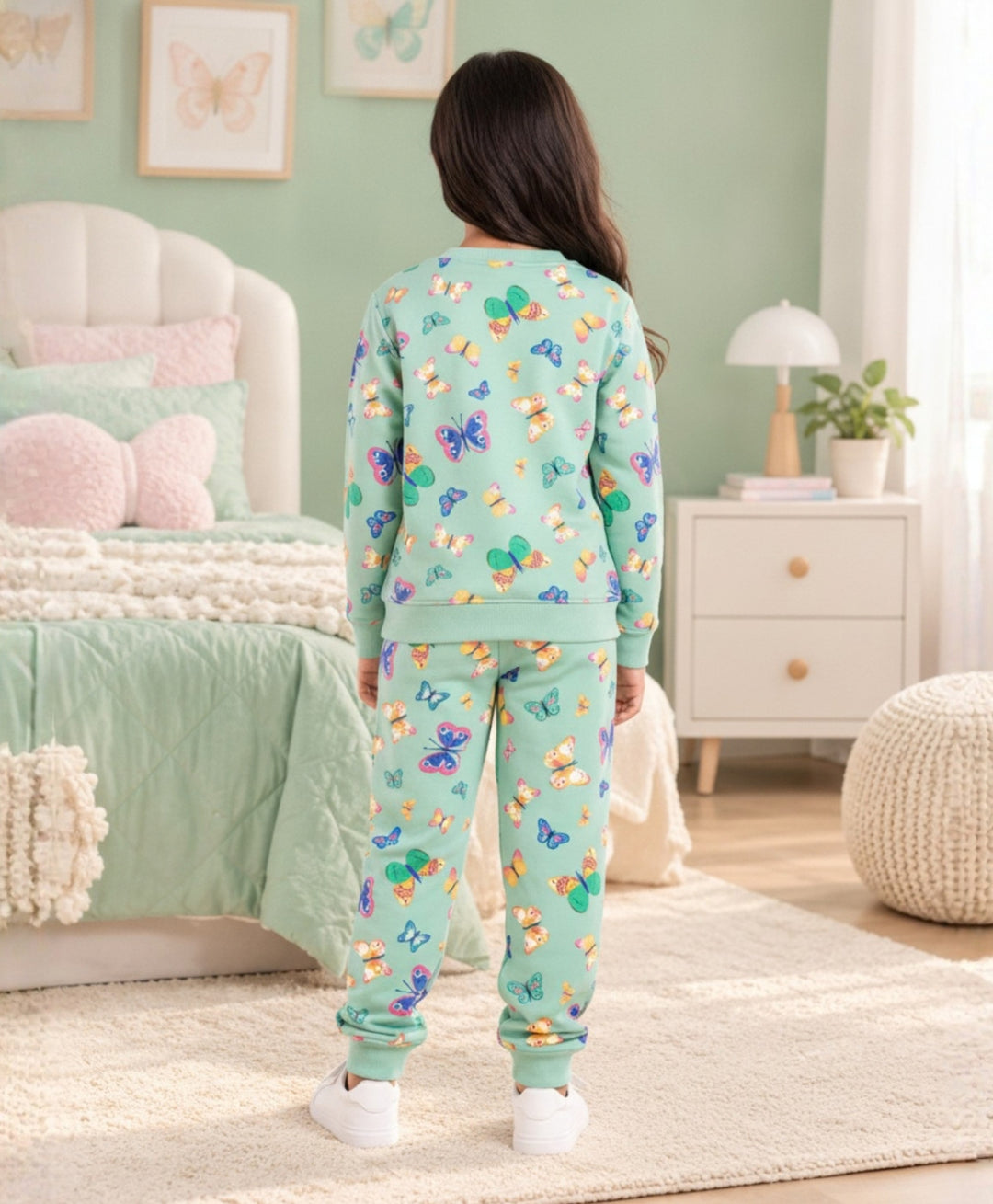 BUTTERFLY FLEECE GIRLS SWEATSHIRT JOGGER SET - GREEN