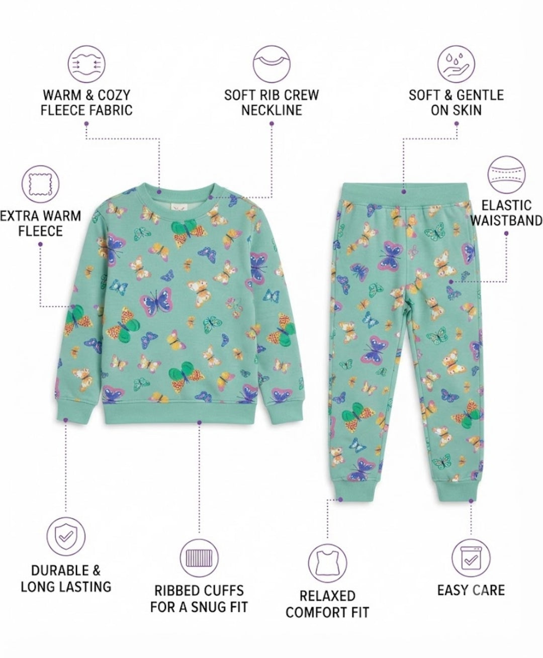 BUTTERFLY FLEECE GIRLS SWEATSHIRT JOGGER SET - GREEN