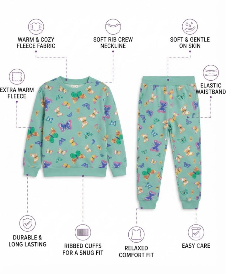 BUTTERFLY FLEECE GIRLS SWEATSHIRT JOGGER SET - GREEN