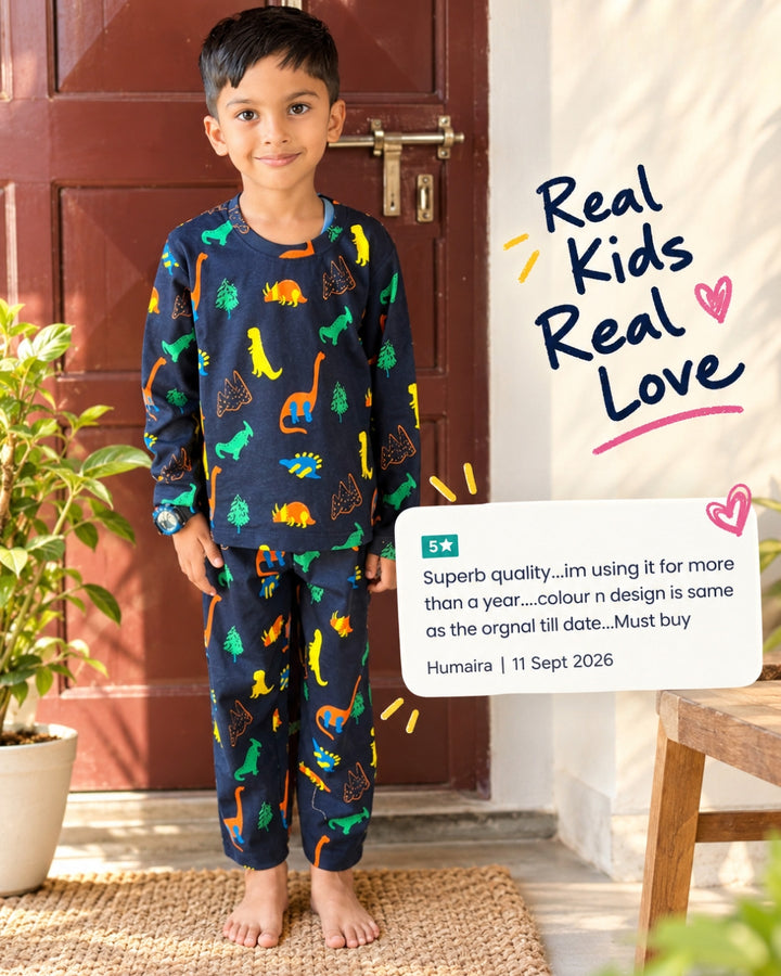 Dinosaur Navy Full Sleeves Pyjama Set for Kids | 100% Cotton Kids Nightwear