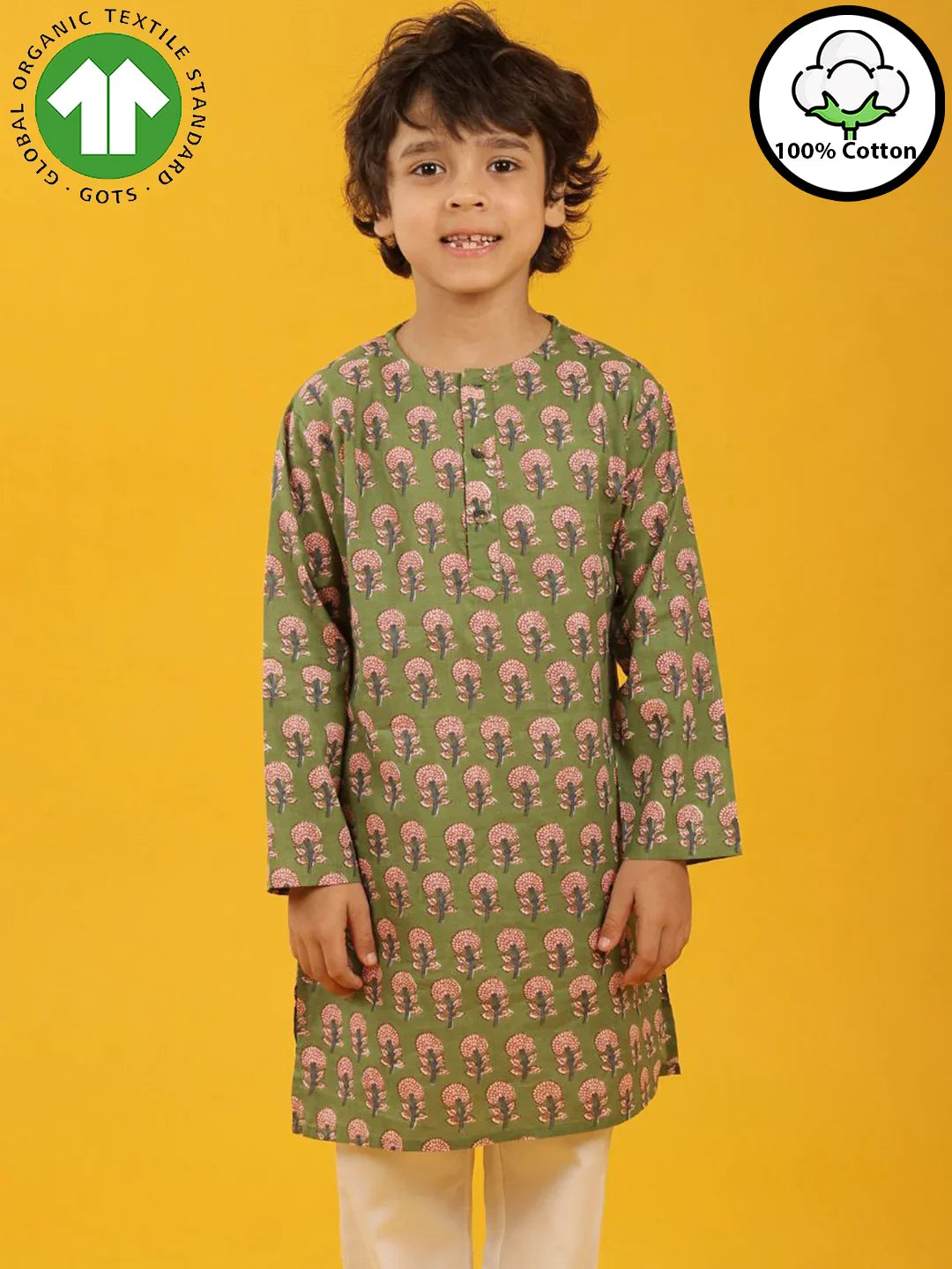 GREEN FLORAL PRINT PURE COTTON KURTA - GREEN