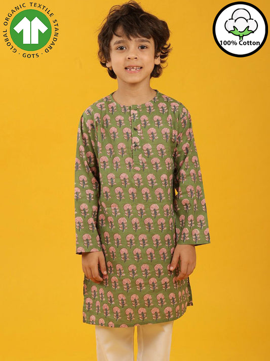 GREEN FLORAL PRINT PURE COTTON KURTA - GREEN