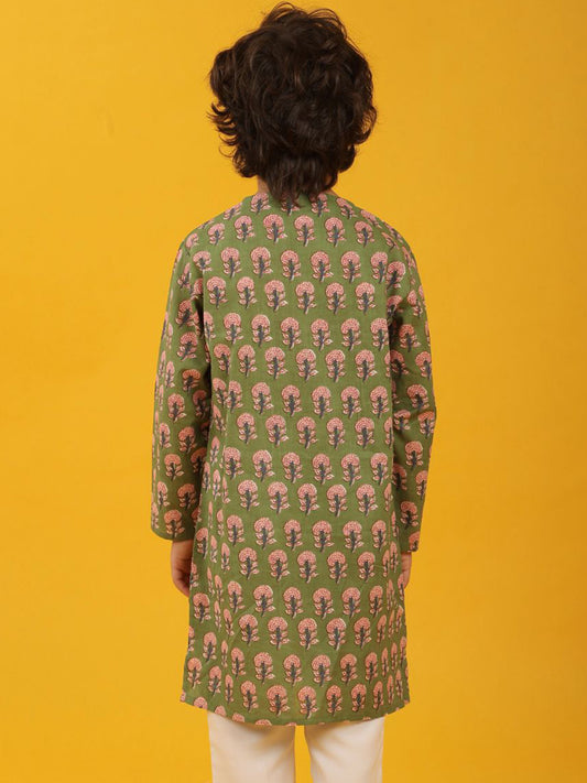 GREEN FLORAL PRINT PURE COTTON KURTA - GREEN