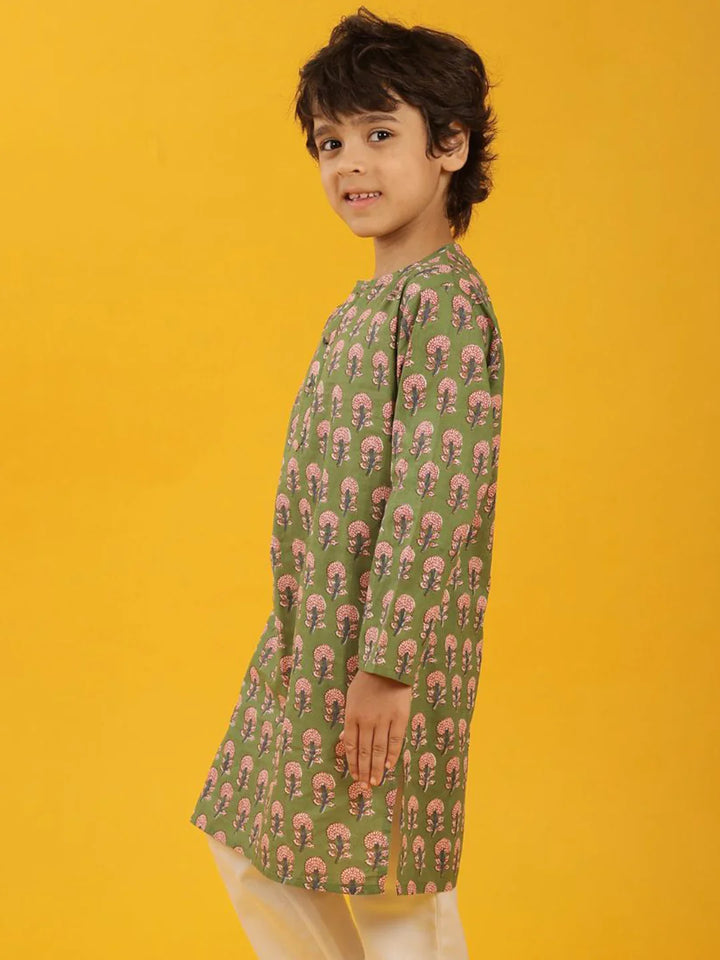 GREEN FLORAL PRINT PURE COTTON KURTA - GREEN