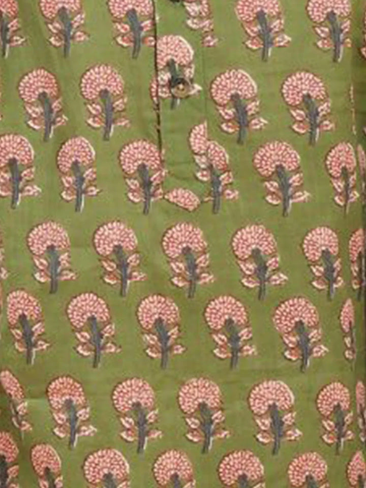 GREEN FLORAL PRINT PURE COTTON KURTA - GREEN