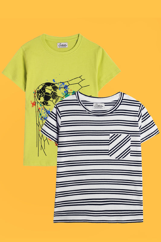 FOOTBALL LIME AND BLUE STRIPED SHORT SLEEVE T-SHIRT (PACK OF 2) - Anthrilo India
