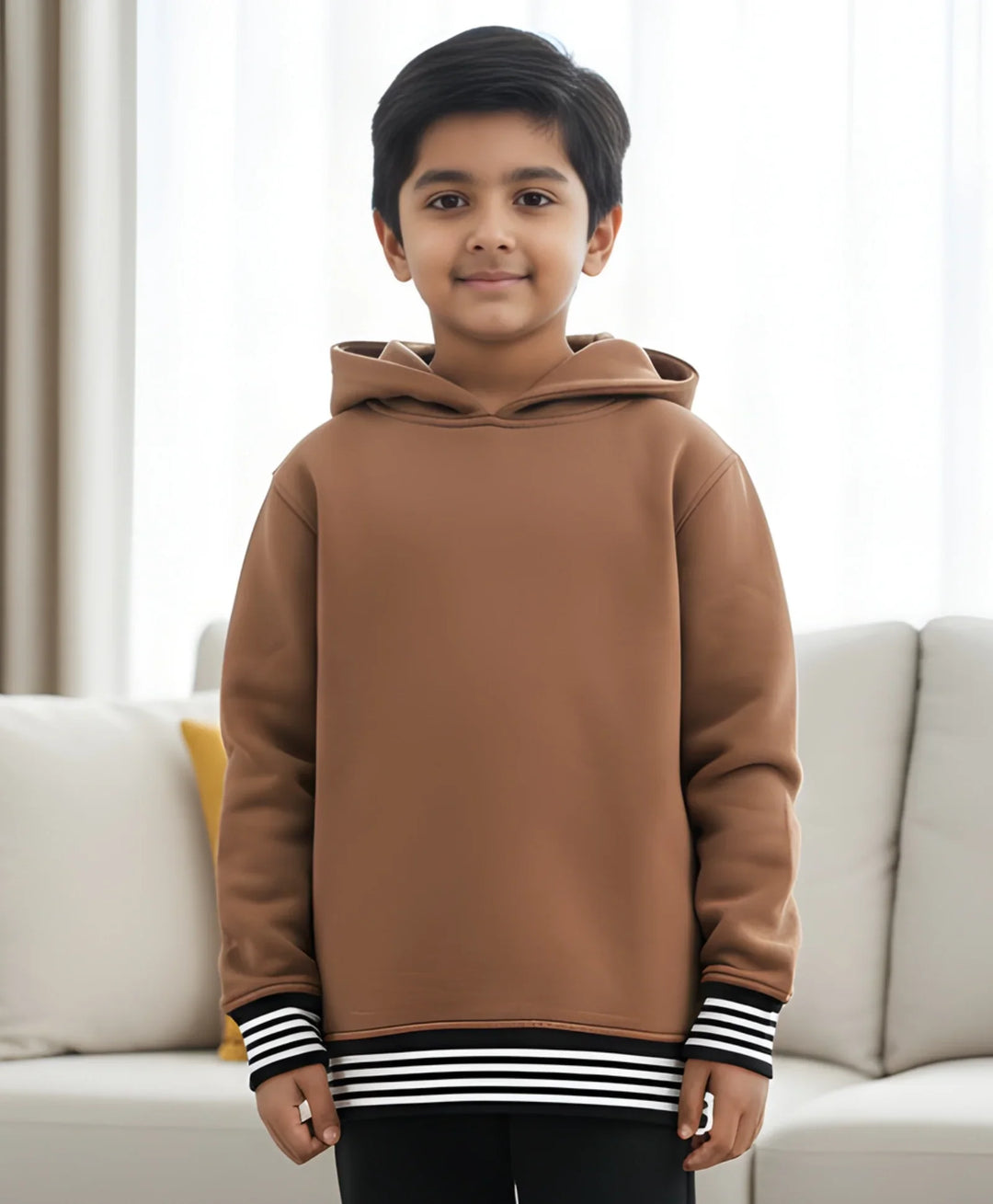 BROWN BASIC RIBBED BOYS FLEECE HOODIE - BROWN