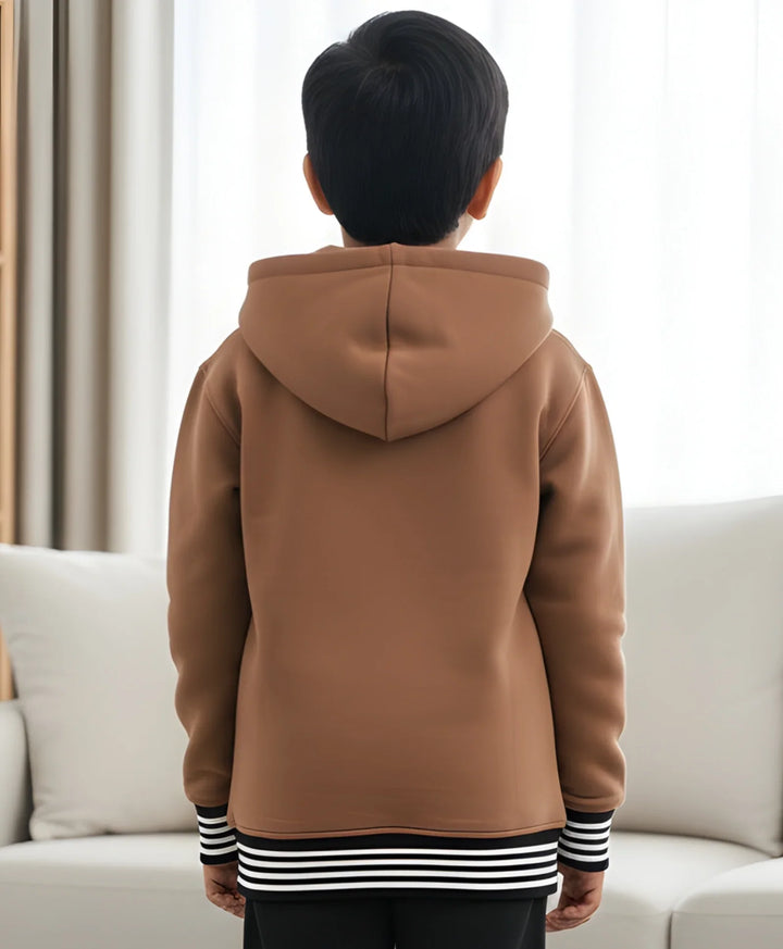BROWN BASIC RIBBED BOYS FLEECE HOODIE - BROWN