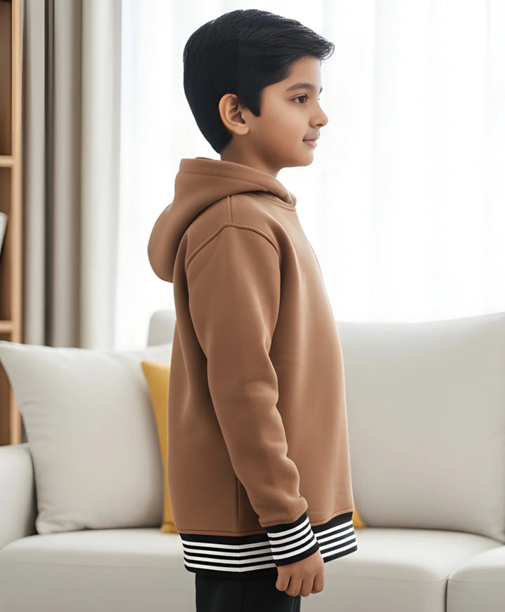 BROWN BASIC RIBBED BOYS FLEECE HOODIE - BROWN