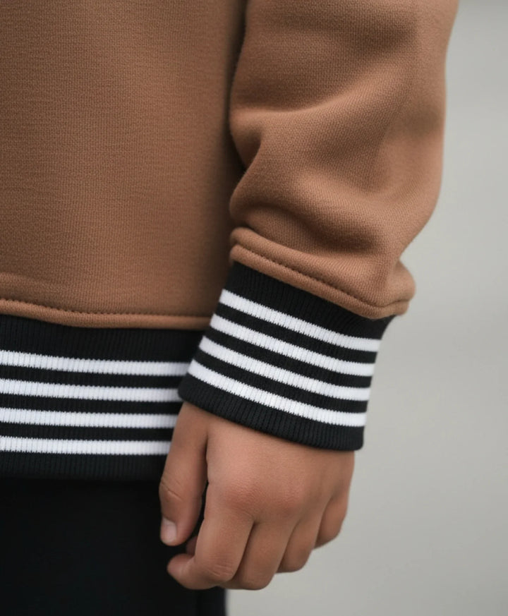 BROWN BASIC RIBBED BOYS FLEECE HOODIE - BROWN