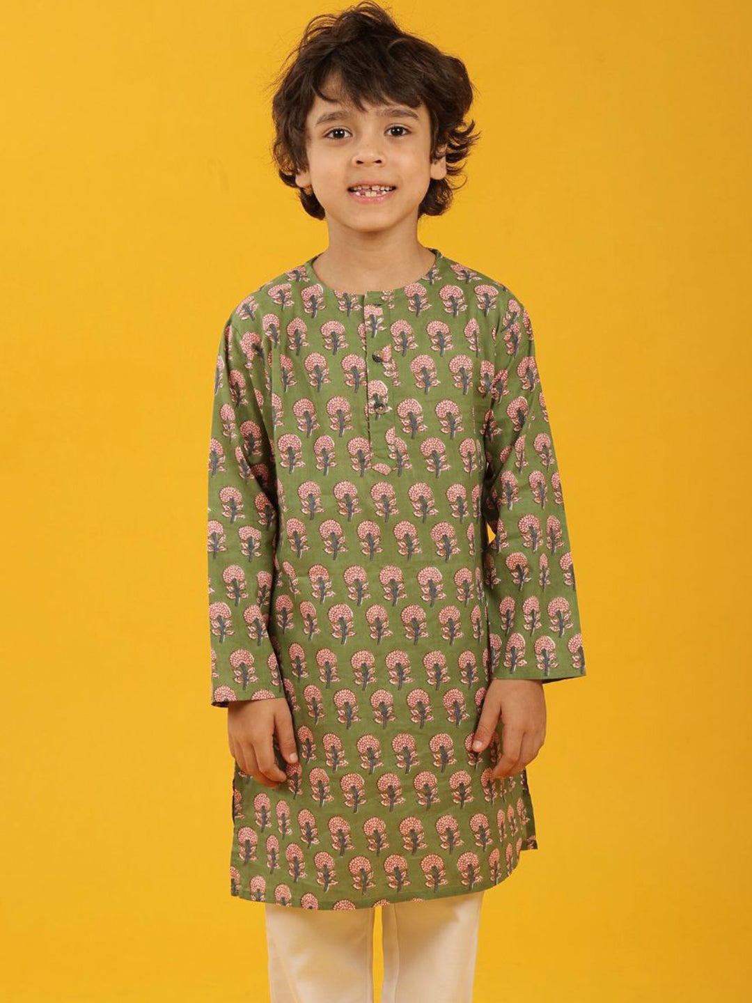 GREEN FLORAL PRINT PURE COTTON KURTA - GREEN
