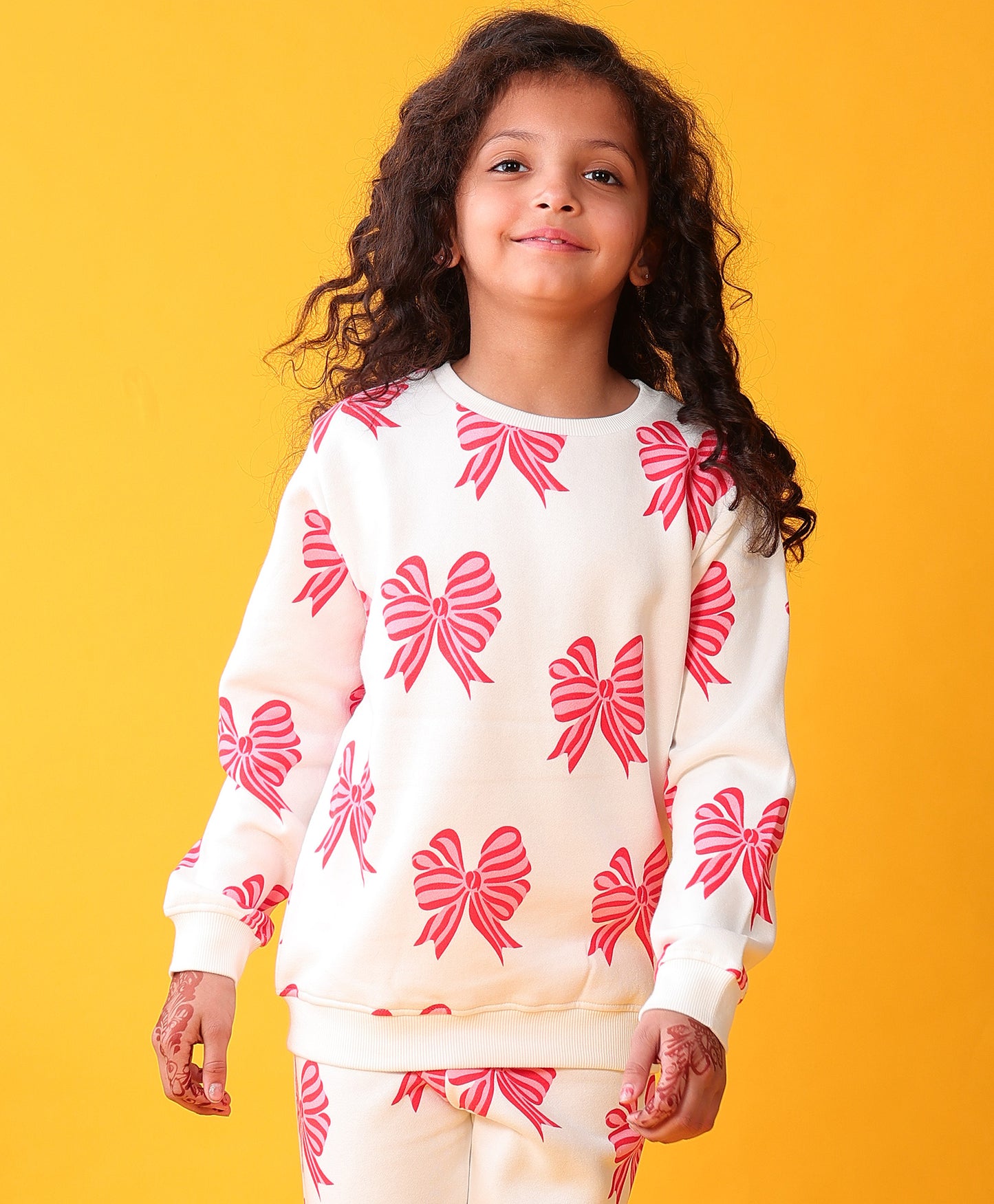PINK BOW FLEECE GIRLS SWEATSHIRT - OFF WHITE