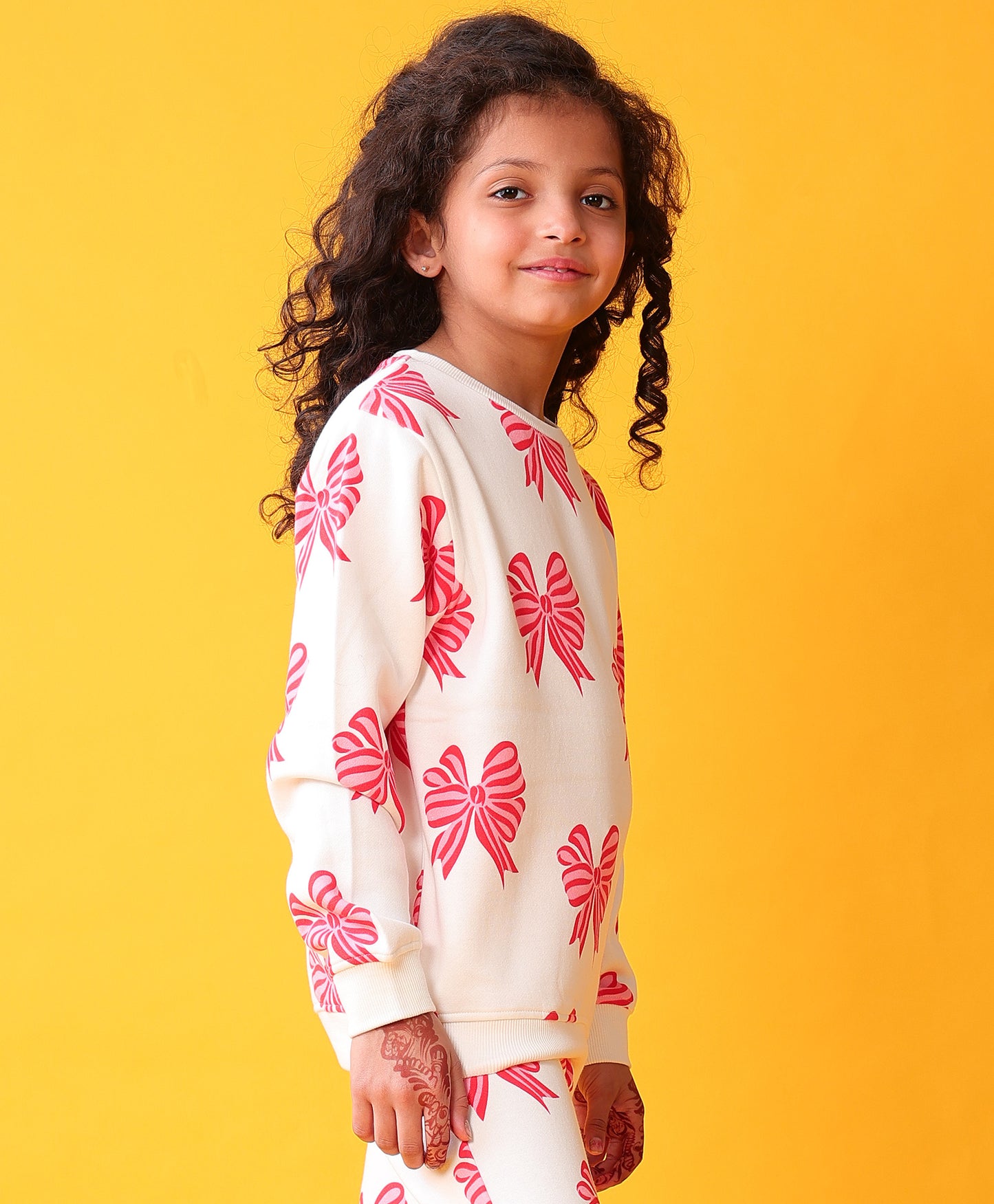 PINK BOW FLEECE GIRLS SWEATSHIRT - OFF WHITE
