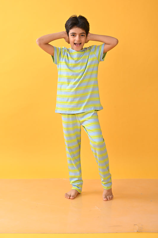 BLUE LIME STRIPED SHORT SLEEVES BOYS PYJAMA SET - BLUE