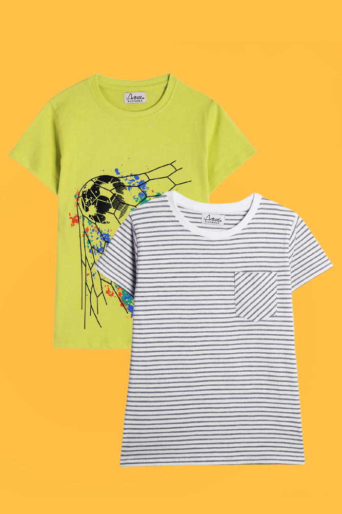 FOOTBALL LIME AND GREY STRIPED SHORT SLEEVE T-SHIRT (PACK OF 2) - Anthrilo India
