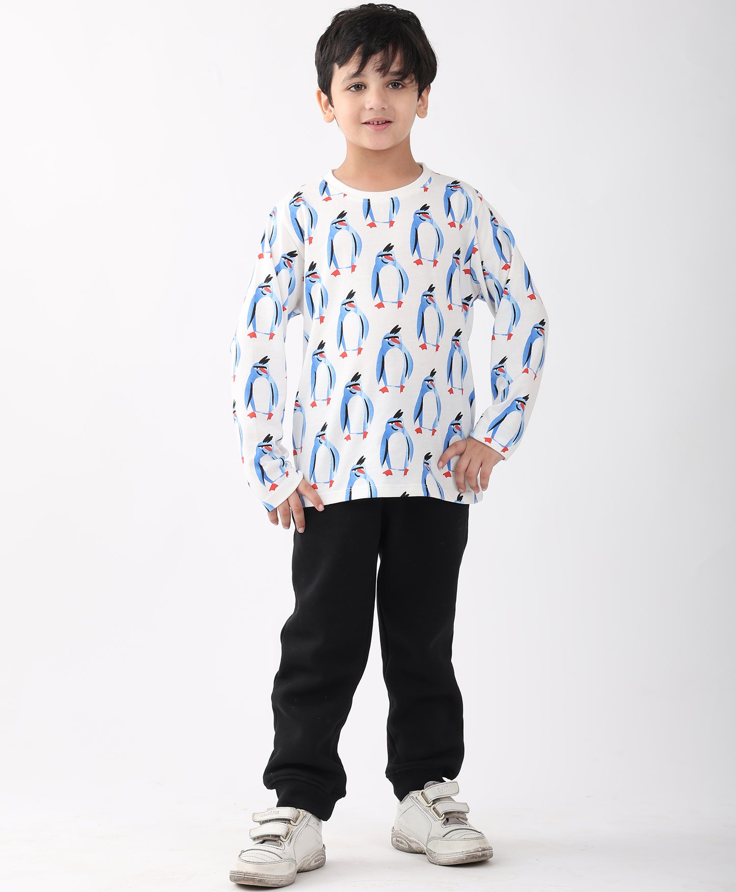 PENGUIN LONG SLEEVE T-SHIRT FLEECE JOGGER SET - WHITE/BLACK