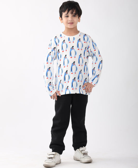 PENGUIN LONG SLEEVE T-SHIRT FLEECE JOGGER SET - WHITE/BLACK