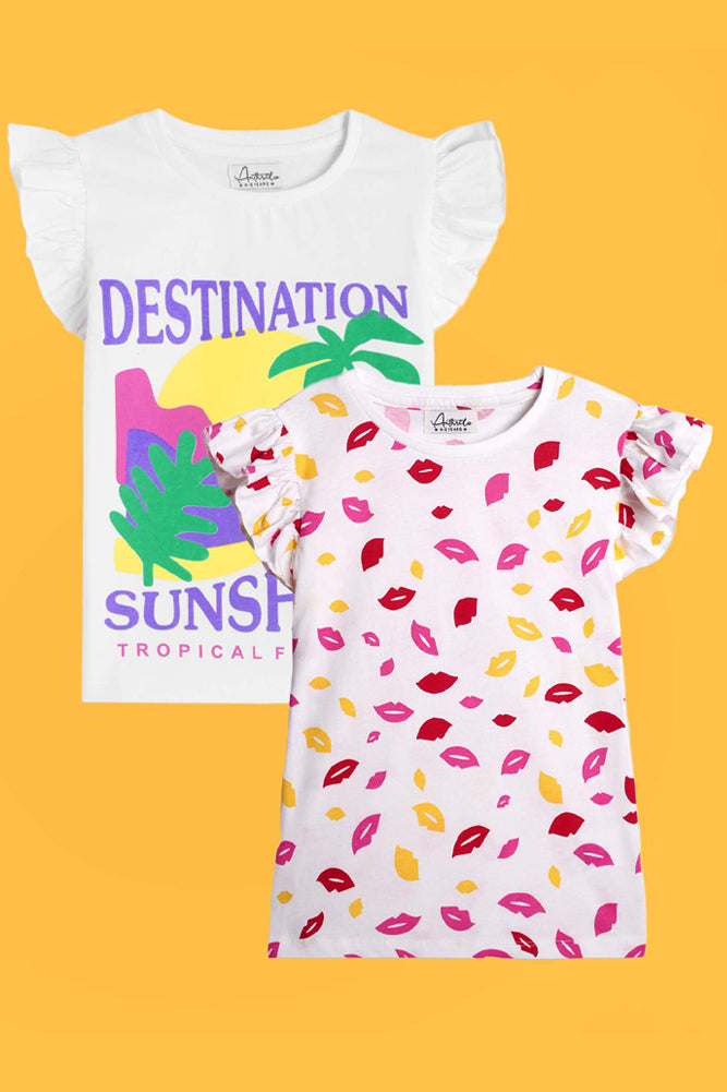 DESTINATION WHITE AND LIPS PRINT SHORT SLEEVES T-SHIRT (PACK OF 2) - Anthrilo India