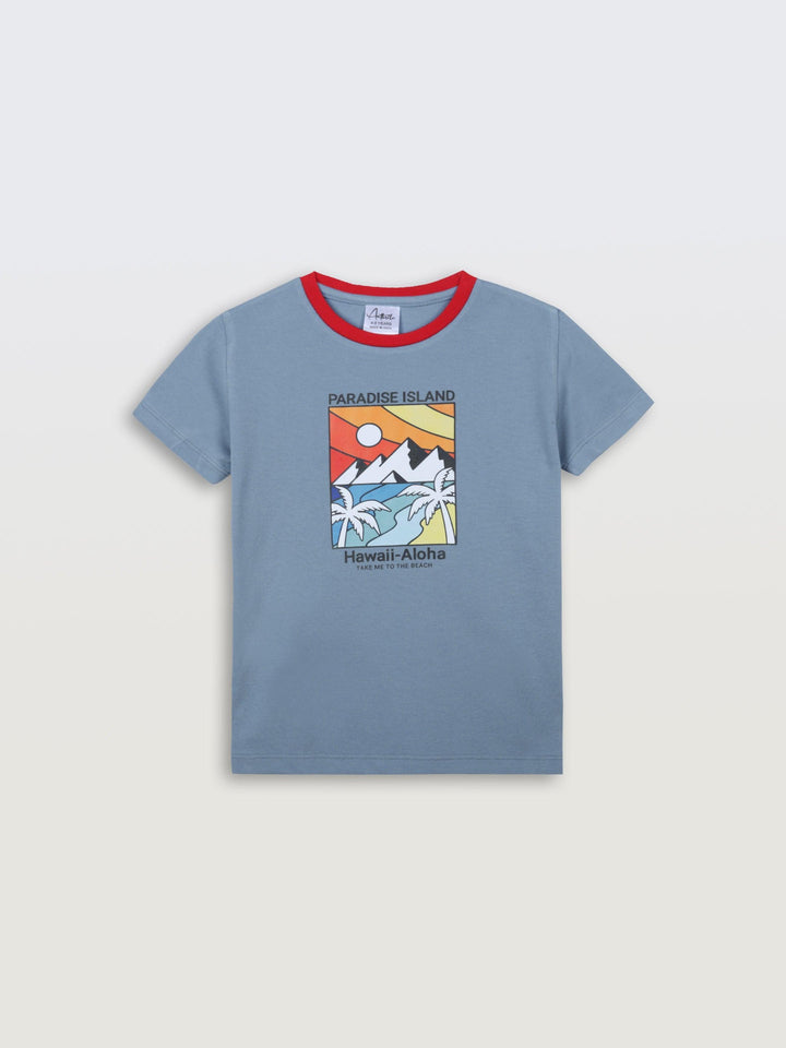 Hawaii Aloha Blue Red Rib Short Sleeve Boys T-Shirt - Blue