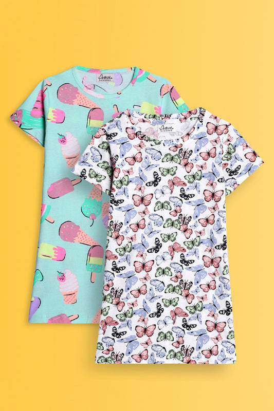 BUTTERFLY WHITE AND ICECREAM NIGHT DRESS D (PACK OF 2) - Anthrilo India