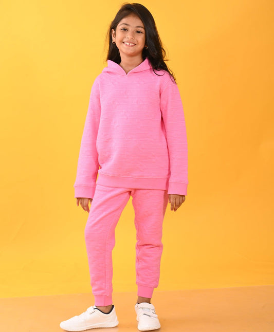 PINK FLOWER QUILTED GIRLS HOODIE JOGGER SET - PINK
