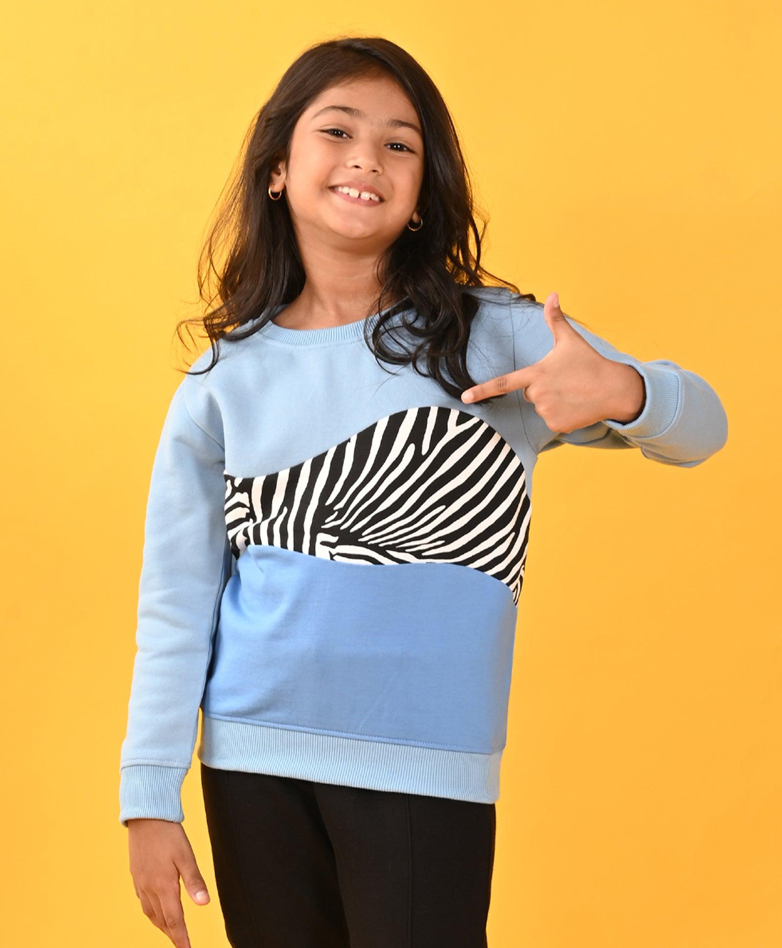 SKY ZEBRA COLOR BLOCK FLEECE GIRLS SWEATSHIRT - BLUE - Anthrilo 