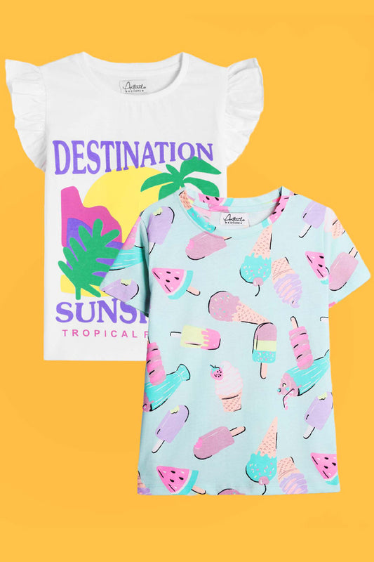 DESTINATION WHITE AND ICECREAM SHORT SLEEVES T-SHIRT (PACK OF 2) - Anthrilo India