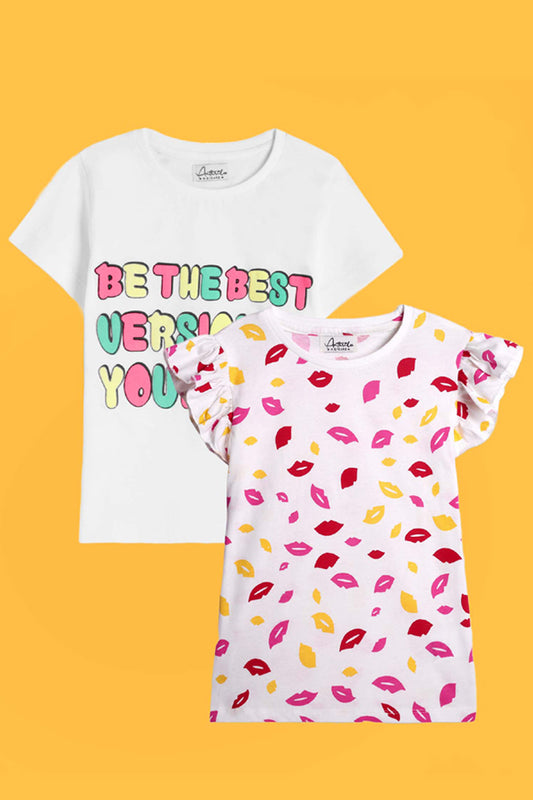 BE YOURSELF AND LIPS PRINT SHORT SLEEVES T-SHIRT (PACK OF 2) - Anthrilo India