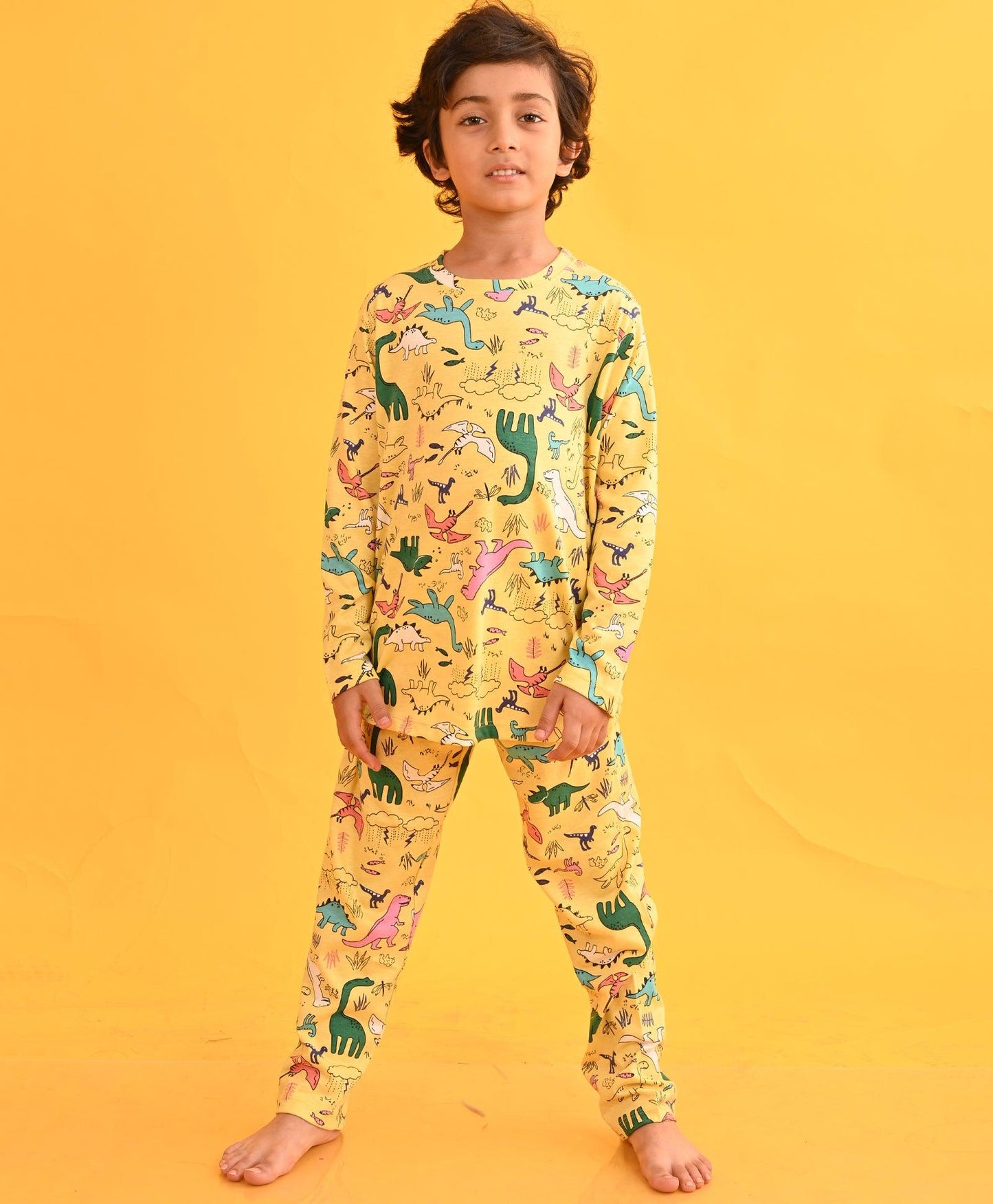 RAINING DINOSAUR LONG SLEEVES PYJAMA SET - YELLOW