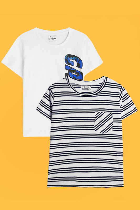 GAMER WHITE AND BLUE STRIPED SHORT SLEEVE T-SHIRT (PACK OF 2) - Anthrilo India