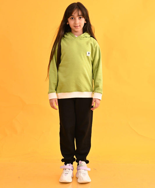 LOVE GREEN WHITE RIB FLEECE HOODIE BLACK JOGGER SET - GREEN/BLACK