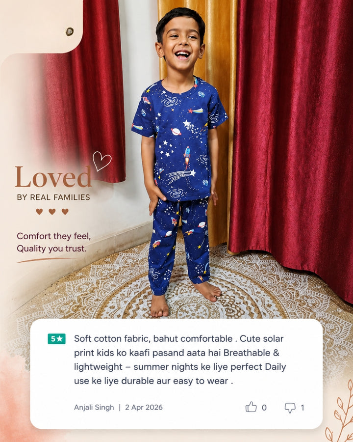 Solar Dreams Blue Short Sleeves Pyjama Set for Kids | 100% Cotton Sleepwear
