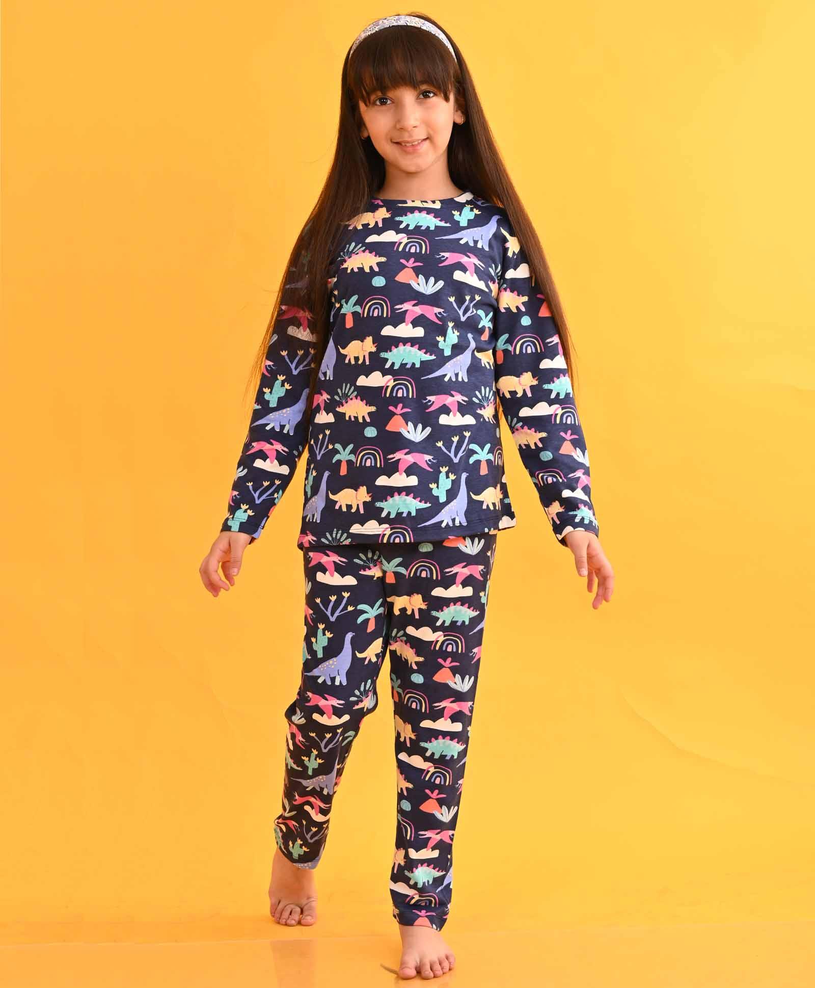 DINOSAUR RAINBOW LONG SLEEVES GIRLS PYJAMA SET - BLUE - Anthrilo 
