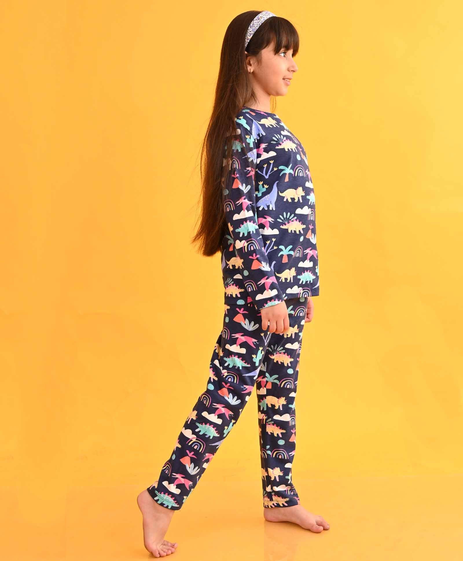 DINOSAUR RAINBOW LONG SLEEVES GIRLS PYJAMA SET - BLUE - Anthrilo 