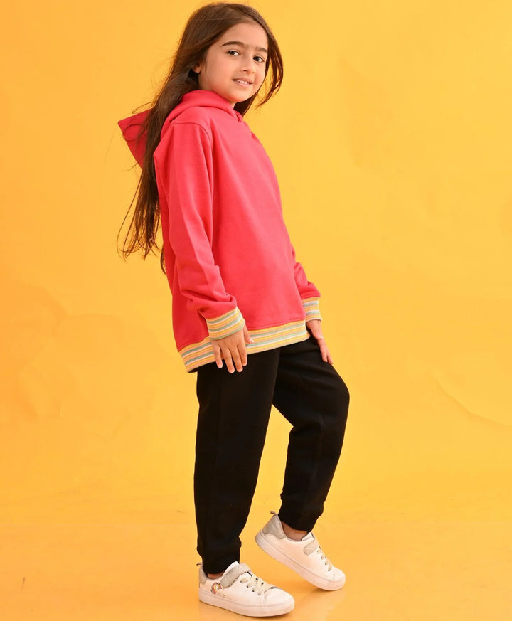 HOT PINK HEART RIBBED FLEECE HOODIE BLACK JOGGER SET - PINK/BLACK - Anthrilo 