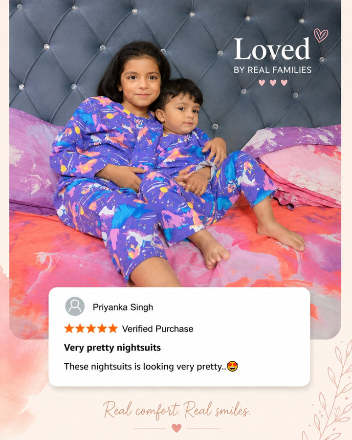 Unicorn Planet Purple Full Sleeves Pyjama Set for Kids | 100% Cotton Kids Sleepwear