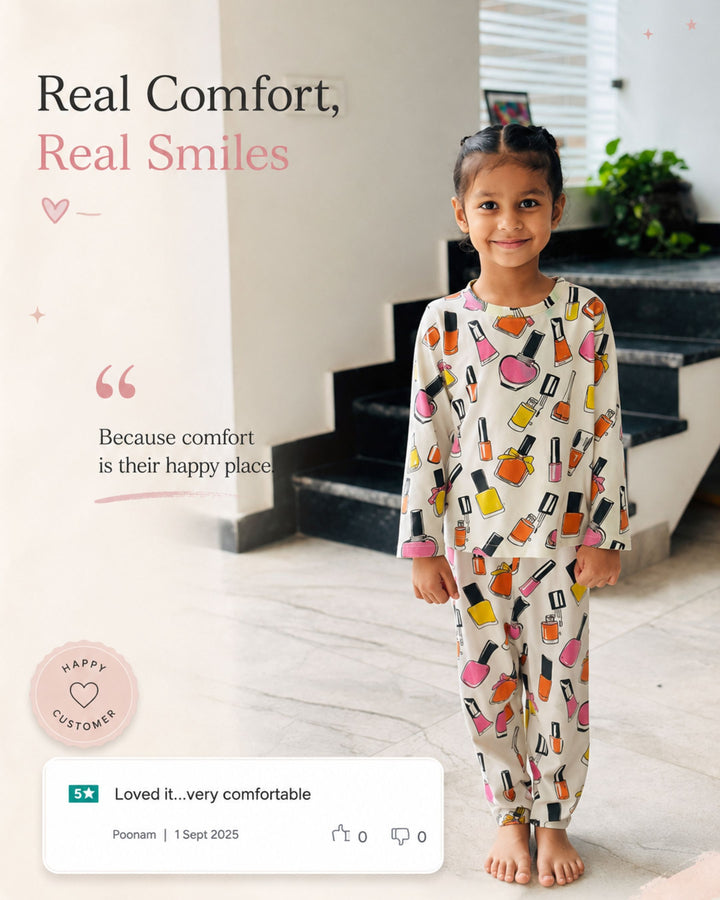 Nail Paint White Full Sleeves Pyjama Set for Kids | 100% Cotton Kids Sleepwear