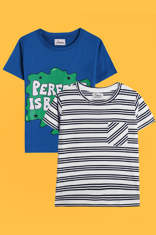 PERFECT IS BORING BLUE AND BLUE STRIPED SHORT SLEEVE T-SHIRT (PACK OF 2) - Anthrilo India