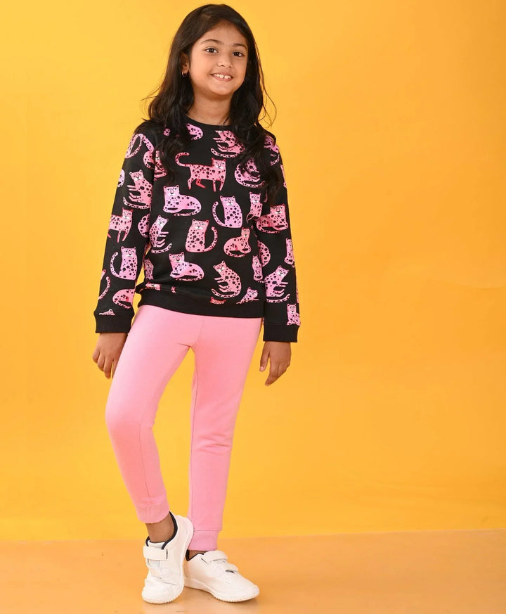 FUNNY CATS FLEECE SWEATSHIRT PINK JOGGER SET - BLACK / PINK - Anthrilo 