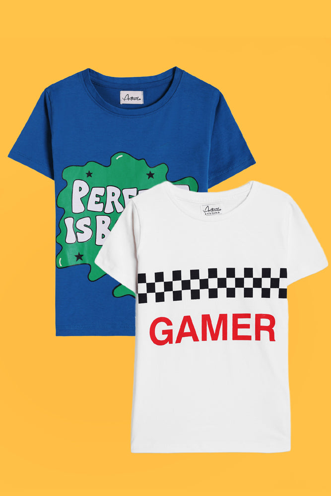 PERFECT IS BORING BLUE AND GAMER CHECK SHORT SLEEVE T-SHIRT (PACK OF 2) - Anthrilo India