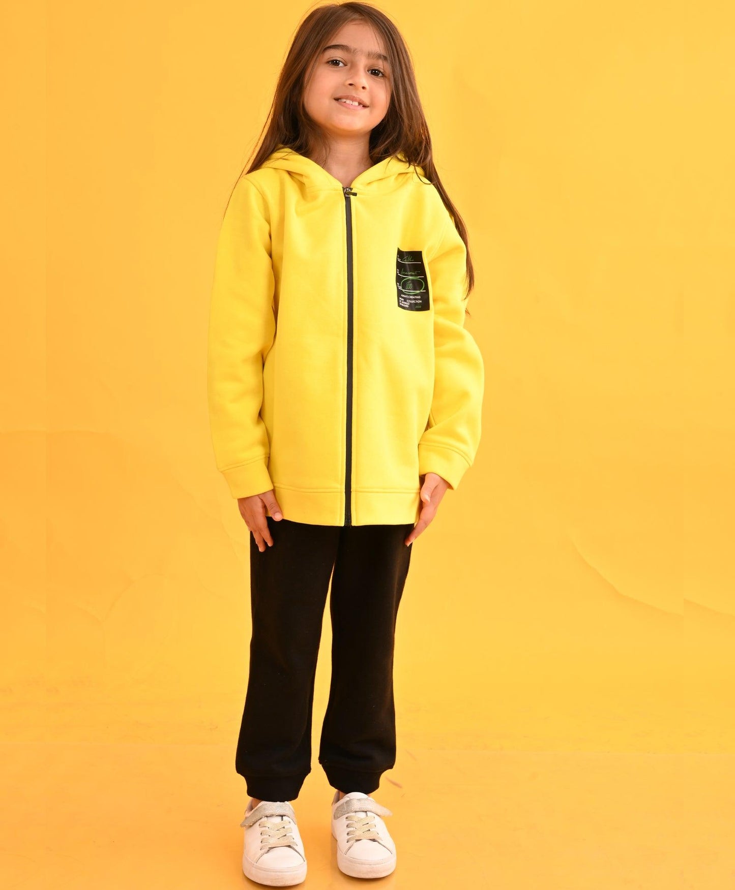 SPORTY COLLECTION YELLOW GIRLS HOODIE BLACK FLEECE JOGGER SET - YELLOW / BLACK