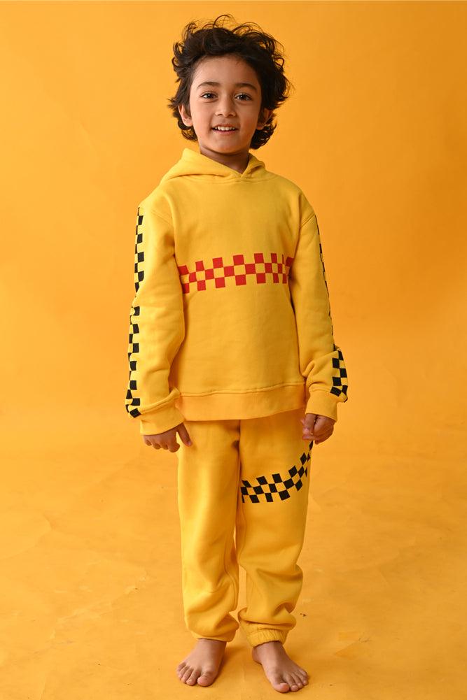 CHECKBOARD FLEECE HOODIE - YELLOW - Anthrilo Design House