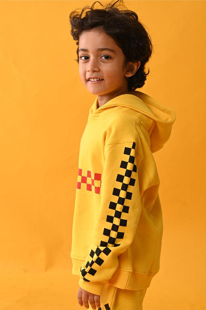 CHECKBOARD FLEECE HOODIE - YELLOW - Anthrilo Design House
