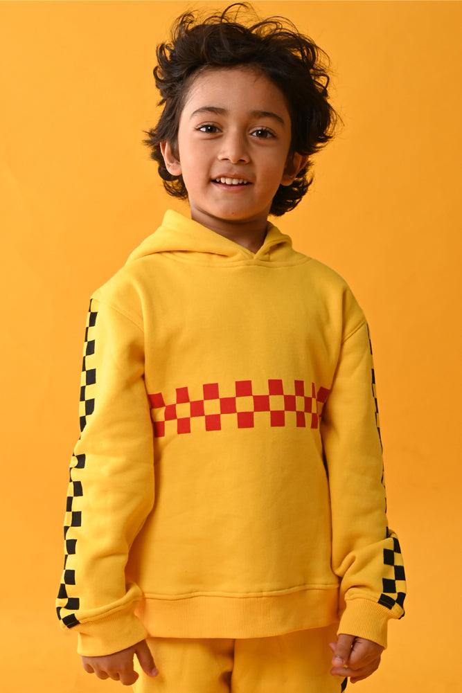 CHECKBOARD FLEECE HOODIE - YELLOW - Anthrilo Design House